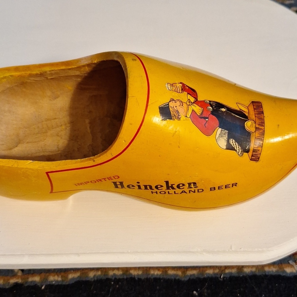 Vintage 1970s Dutch Carved Heineken Wooden Shoe Clog Promotional Item - Picture 2 of 7